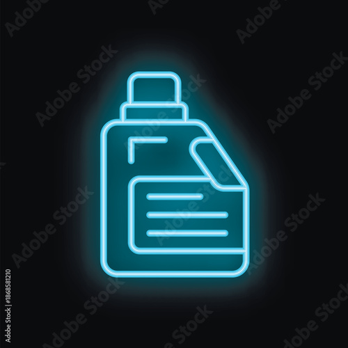Blue neon icon of a detergent bottle glowing on black background, great for laundry and cleaning businesses