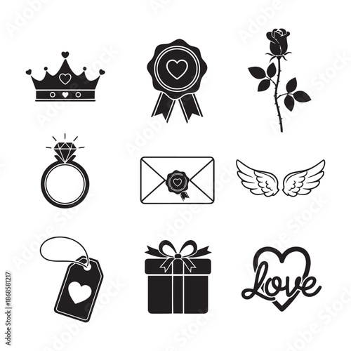 Set of romantic love icons and symbols, black and white silhouette vector elements for Valentine's Day, Wedding, and Anniversary – including heart, rose, crown, diamond ring, gift, and letter.