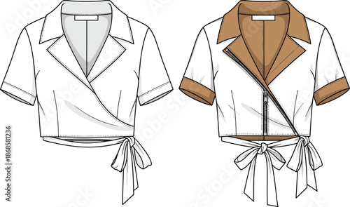 Women wrap top technical fashion illustration with zipper and tie waist, short sleeve blouse design isolated on white background