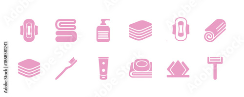 A collection of flat icons for personal hygiene products. This vector illustration showcases sanitary pads, soap, cotton washcloths, cotton pads, toothbrushes, napkins, and razors.