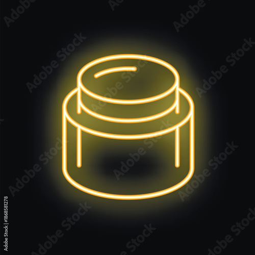Yellow neon sign depicting a cosmetic cream jar glowing on a black background