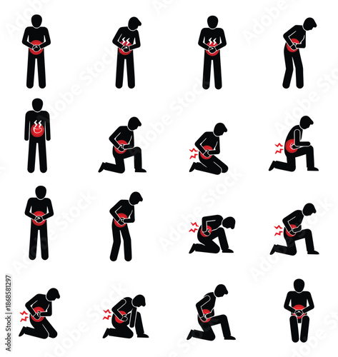 Medical set of stick figures experiencing stomach ache, abdominal pain, indigestion, and gastrointestinal discomfort