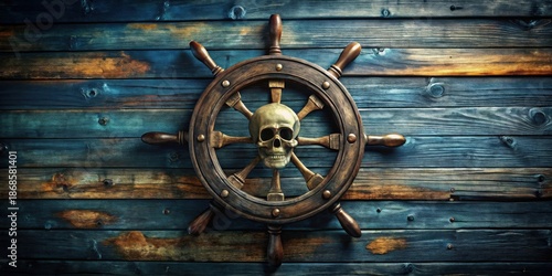 A weathered wooden ship's wheel, adorned with a skull, rests against a backdrop of rustic, teal-stained planks.