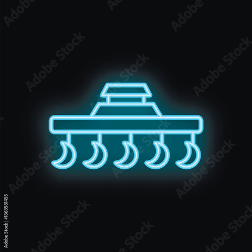 Blue neon icon of agricultural machinery cultivating farmland