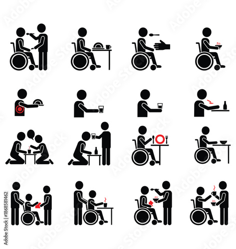 Icons depicting caregivers assisting people in wheelchairs with eating, drinking, and daily activities for inclusive design