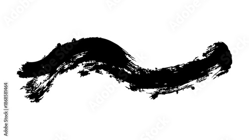 A dramatic black brushstroke curves across a plain white background
