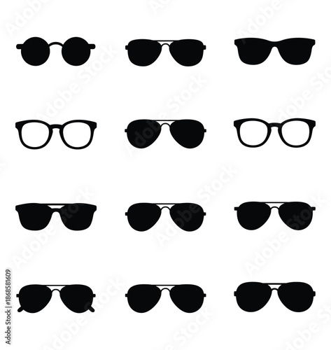 Set of black sunglasses silhouettes and various eyewear frame styles for fashion and optical shop marketing
