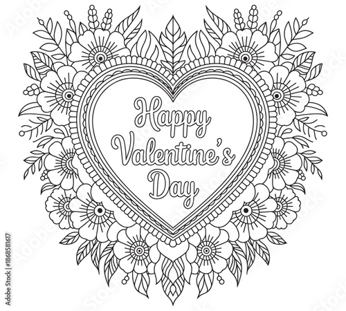 coloring book for Adult. Design for wedding invitations and Valentine's Day of abstract flowers, hearts, envelope, arrow, heart, bird, kiss, butterfly