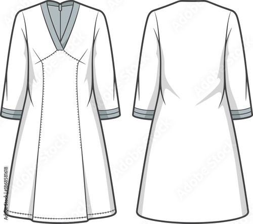 Modern women dress technical fashion illustration, front and back view garment flat sketch, long sleeve V neck tunic design