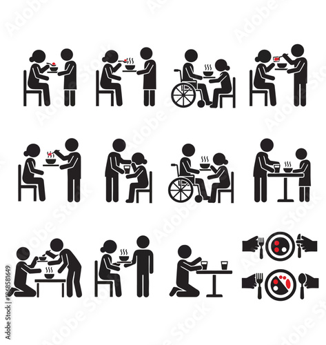 Icons illustrating food service, feeding people in need, and meal assistance for social and healthcare themes