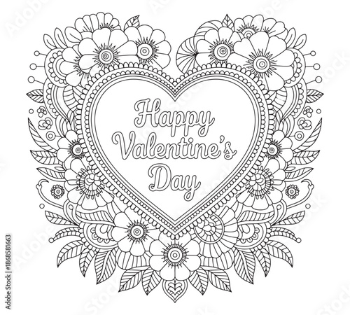 coloring book for Adult. Design for wedding invitations and Valentine's Day of abstract flowers, hearts, envelope, arrow, heart, bird, kiss, butterfly