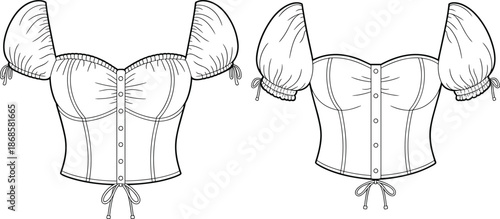 Women corset top technical flat sketch, puff sleeve bustier blouse front and back view, fashion apparel design illustration
