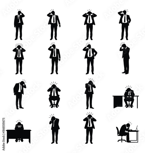 Silhouette set of businessmen dealing with work stress, burnout, headaches, and professional pressure at the office