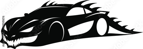 A sleek black sports car with a dragon design speeding across a white background