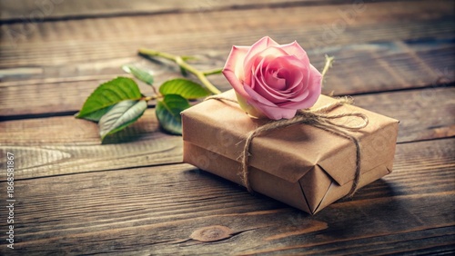 Wallpaper Mural A delicate pink rose adorns a rustic gift package, resting on a weathered wooden surface, conveying a sentiment of heartfelt affection and thoughtful remembrance. Torontodigital.ca