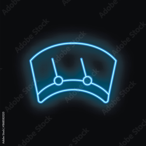 Blue glowing neon line windshield icon isolated on black background