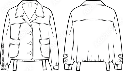 Technical fashion jacket illustration, front and back view, detailed line art, apparel design flat, outerwear garment template