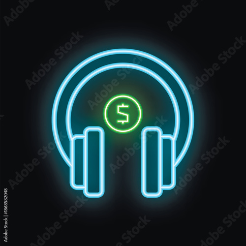 Neon icon representing the concept of paid music streaming services with headphones and dollar sign