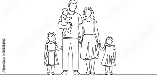Happy family standing together with love and care in simple line art