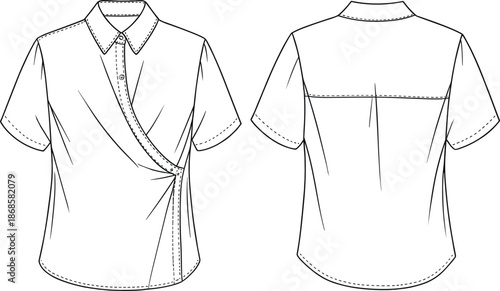 Women’s wrap blouse technical fashion illustration, short sleeve collared shirt, front and back view garment flat sketch design