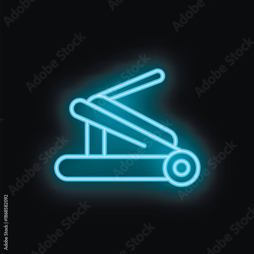 Neon blue icon of a hydraulic car jack glowing on a black background