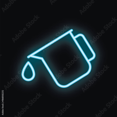 Blue neon sign of a coffee pot pouring coffee on a black background