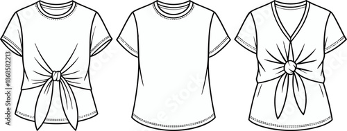 Women short sleeve tie front t shirt technical flat sketch set, crew neck and v neck variations, casual fashion vector illustration