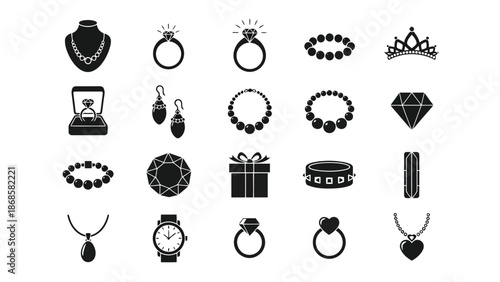 Collection of elegant jewelry icons and luxury accessories