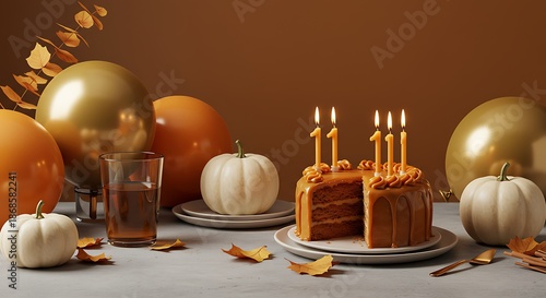 Wallpaper Mural A festive Thanksgiving table setting with a pumpkin spice cake, surrounded by small white pumpkins, gold and orange balloons, and autumn leaves on a gray surface against a warm brown Torontodigital.ca