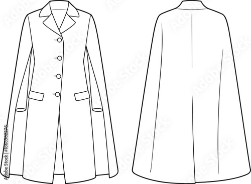 Women long tailored coat technical flat sketch, classic button front outerwear with lapel collar, front and back view fashion vector illustration
