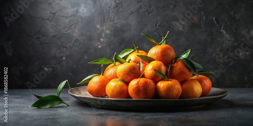 Wallpaper Mural A vibrant collection of ripe mandarin oranges, adorned with lush green leaves, rests elegantly on a dark, rustic bowl, creating a visually appealing still life composition. Torontodigital.ca