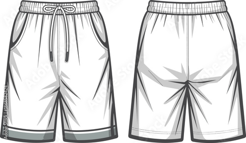 Men elastic waist drawstring shorts technical flat sketch, casual athletic bottoms, front and back view fashion vector illustration