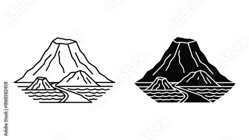 Mountain landscape icon set with water and road