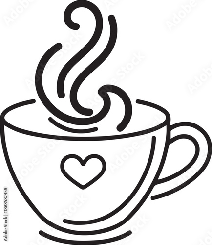  Detailed coffee or tea cup icon with heart symbol and bold swirling steam line art vector illustration.