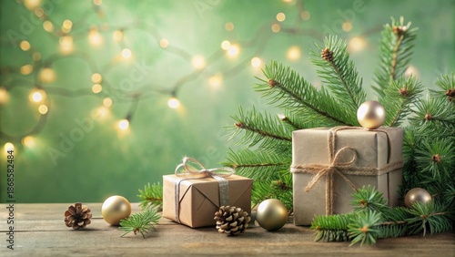 Wallpaper Mural Festive Season Presents Wrapped in Eco-Friendly Paper, Adorned with Natural Pine Branches and Golden Ornaments, Set Against a Soft Green Bokeh Background. Torontodigital.ca