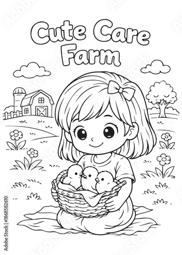 coloring book girl holding a basket with baby chicks, smiling and caring gently, adorable farm animal interaction