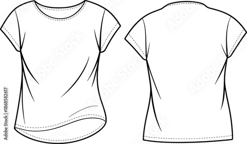 Women cap sleeve t shirt technical flat sketch, fitted casual top, front and back view fashion vector line art illustration