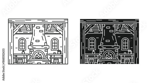 Black and white illustration of a fireplace room