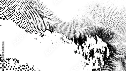 Abstract black and white wave pattern with dotted texture and blurred edges