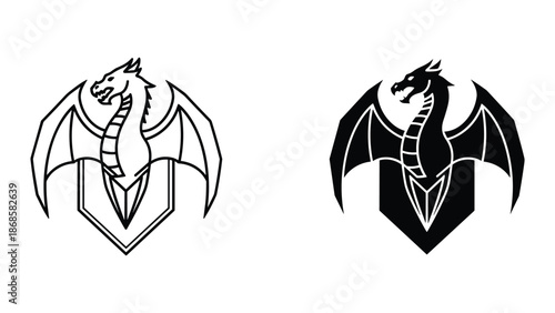 Dragon logo design with shield emblem in black and white
