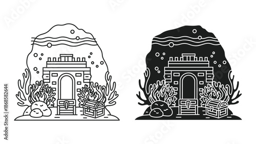 Underwater castle scene with treasure chest and seaweed