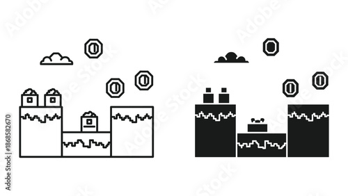 Platform game scene with coins and clouds