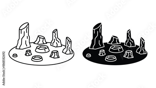 Black and white illustration of crater with rocks