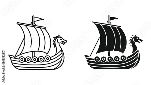 Viking ship illustration set with sails and dragon heads