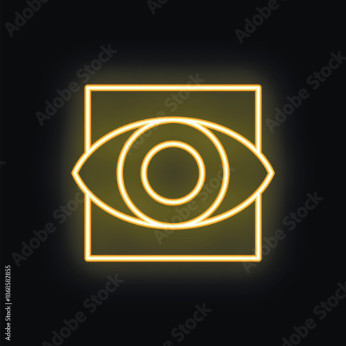 Neon yellow eye symbol glowing on a black background, representing concepts such as vision, observation, and awareness