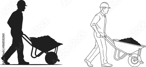 Construction worker silhouette and line art pushing a wheelbarrow, builder manual labor icon for industrial work, site safety, and renovation,