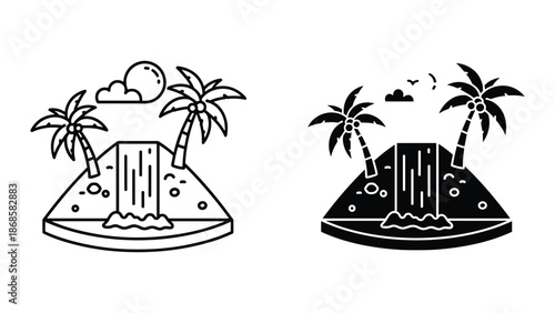 Tropical island waterfall landscape vector illustration