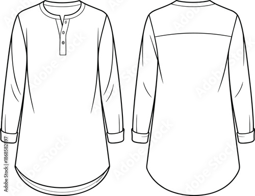 Women long sleeve henley tunic top technical flat sketch, front and back view, minimalist fashion vector line art