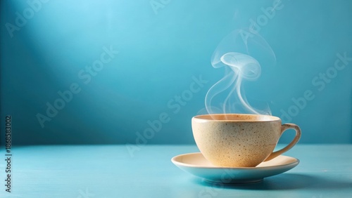 Wallpaper Mural Aromatic steam rises from a speckled beige mug of hot beverage, resting serenely on a pale blue saucer against a calming teal backdrop Torontodigital.ca