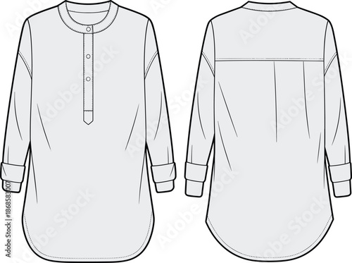 Women long sleeve henley tunic dress technical flat sketch, button placket top, front and back view fashion vector illustration